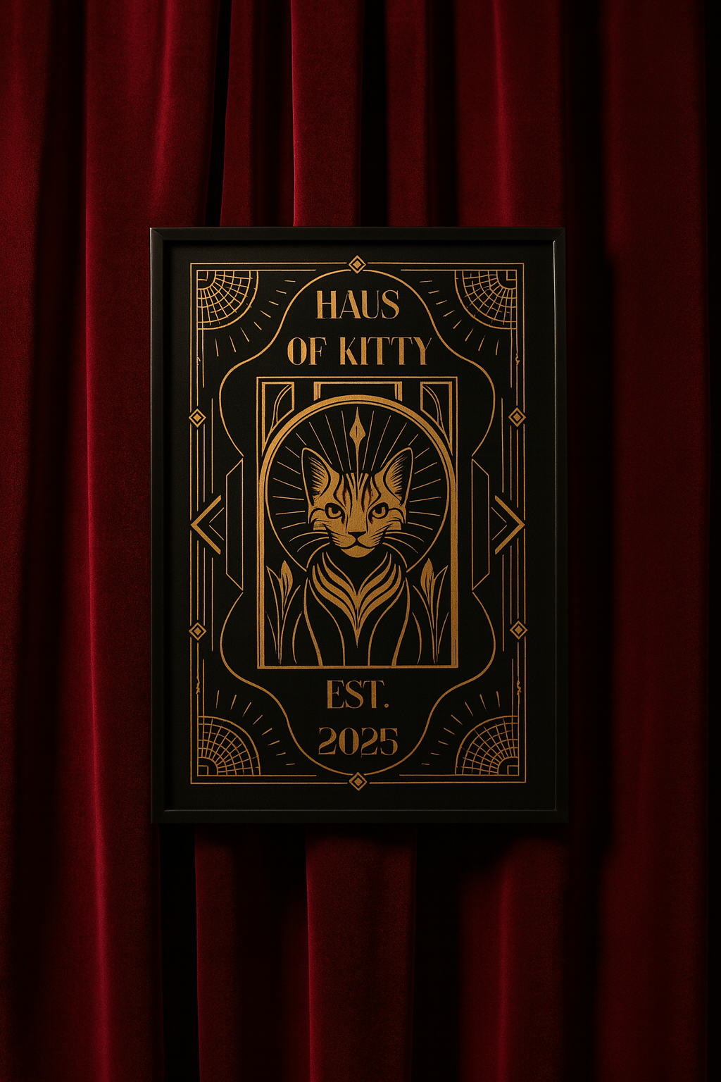Red velvet curtain with black and gold art deco log of Cat with HAUS OF KITTY EST 2025 